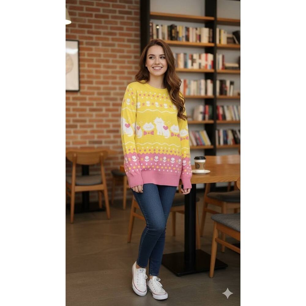 Chanteii Kitten‎ Sweater Kawaii Sweater yellow Sz S Cotton Cozycore Cat Lover